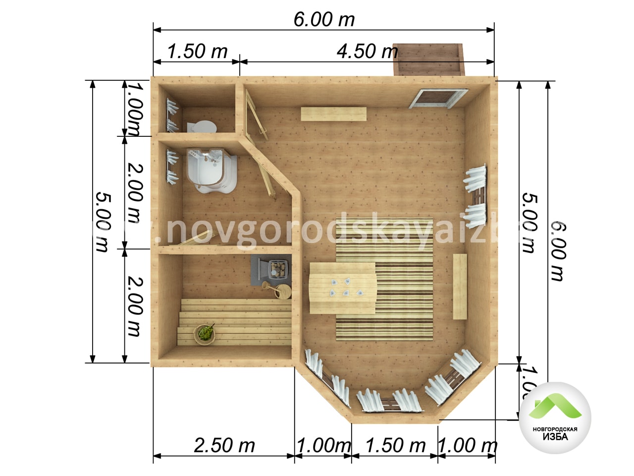 Планировка проекта бани из бруса 6х6 с санузлом, Б-12