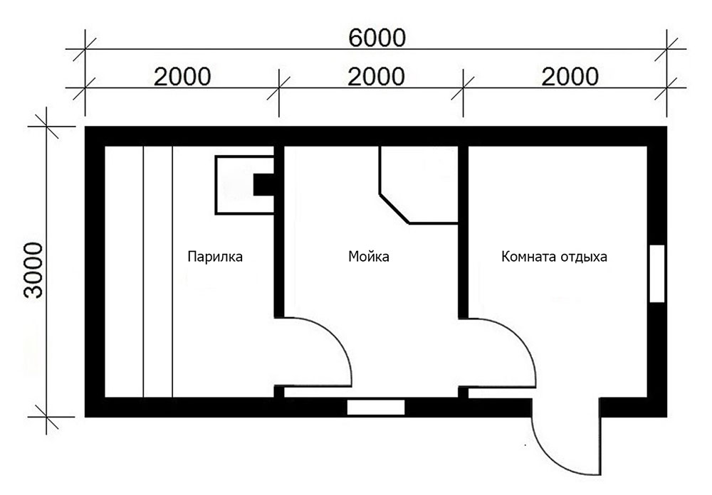 Бани из бруса 6х3, планировка, вариант 1
